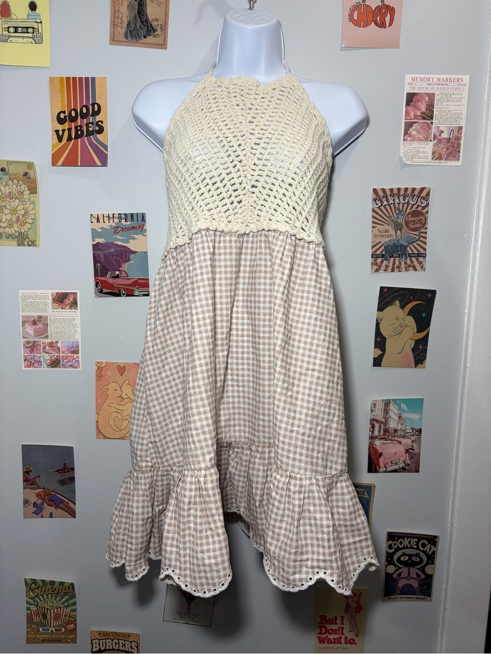 ASOS Cream Crochet Halter Gingham Mini Dress
